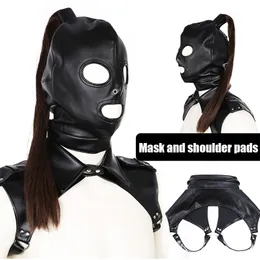 Latex Unisex Hood Mask Sexy PU Leather Masks Men Women Cosplay Flirting Hair Ponytail Chest Belt Headgear Sexy Cosplay Accessory 220812