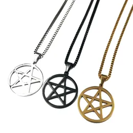 Astrology Symbols Wiccan Stainless Steel Pentagram Star Pendant Necklace For Mens Women Positive Five-pointed Star Charm Box Chain 2.4mm 24 Inch Silver/ Gold/ Black