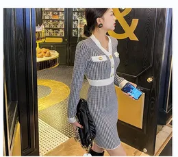 New women's fashion design long sleeve casual dresses v-neck color block houndstooth plaid grid knitted plus size short dress SMLXL