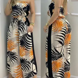 Women Summer Tropical Print Bandeau Wide Leg Jumpsuit Sleeveless Loose Sexy Beachwear Casual Female Rompers 220513