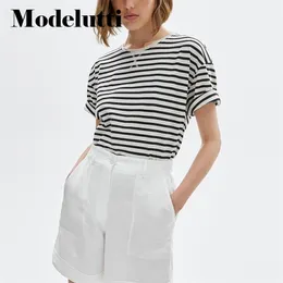 Modelutti İngiltere Moda Yüksek Sokak Vintage Gevşek Çizgili Harajuku Tshirt Yaz Tişörtü Kadın Camisetas Verano Mujer 220706