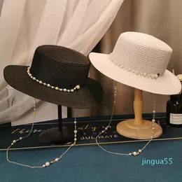 Szerokie brzegowe czapki lato elegancki łańcuch perłowy płaski słońce dla kobiet chapau feminino słomek panama anty-UV Beach Cap Girl
