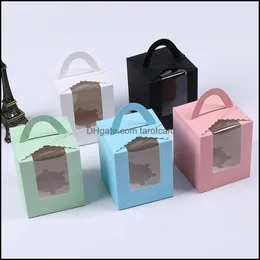 Single Cupcake Boxes With Clear Window Handle Portable Aron Box Mousse Cake Snack Paper Package Birthday Party Supply Drop Delivery 2021 Bak