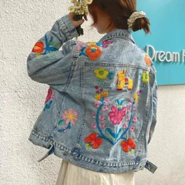 Women's Jackets Washed Denim Coats For Women Floral Embroidery 2022 Vintage Boho Loose Jacket Long Sleeve Spring Autumn JacketsWomen's