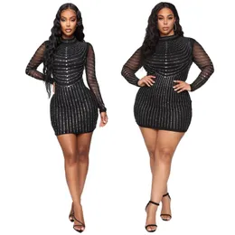 Casual Dresses Cutubly Plus Storlek S-5XL Sexig Klänning Diamanter Striped Långärmad För Kvinnor O Neck Black Sheer Mesh Vestidos Kläder