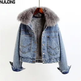 NIJIUDING Winter Casual Solid Real Fur Collar Denim Jacket Female Loose Single Breasted Plus Velvet Thickened Parkas Women 201214