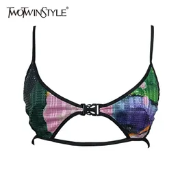 TWOTWINSTYLE Patchwork Druck Sexy Westen Für Frauen V-ausschnitt Ärmel Hit Farbe Hohl Heraus Spitze Up Camis Frauen Sommer Stil 220316