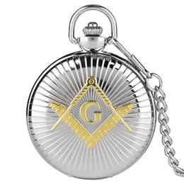 Zegarki kieszonkowe Retro Freemasonry Masonic 'G' Quart Watch Men Srebrny/Złoty kolor Fob z łańcuchem