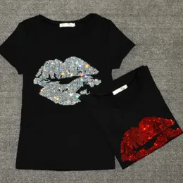 Donne estive Paillettes Labbra Maglietta Foratura O-Collo Manica corta Camicie che toccano il fondo Bordare T-shirt sexy Magliette casual Xxxl