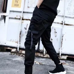 Calça masculina homens cargo color sólida colorida hip hop prateleira decoração de tira de tornozelo na cintura elástica da cintura nAom22