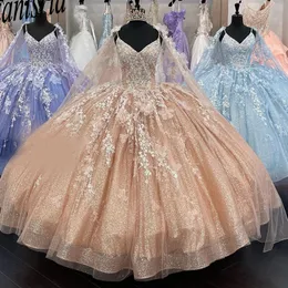 Glitzernde Quinceanera-Kleider 2022, Spaghettiträger, süßes 15-16-Kleid mit Wickel-3D-Blumen-Vestidos De Quinceañera