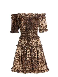 High Quality Summer Vintage Leopard Print Cotton Short Dress Women's sexy Backless Elastic Waist Puff Sleeves Dresses