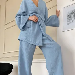 100% Cotton Women's Nightgown Robe Pajama Sets Flare Nightgown Trouser Suits Drop Sleeves Set Woman 2 Pieces Bathrobe For Women 220802