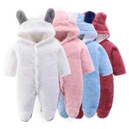 Jumpsuits Arrival Winter Baby Solid Fleece Bear Hooded Jumpsuit Pure Color Unisex Boy Girl Thicken Clothes RompersJumpsuits