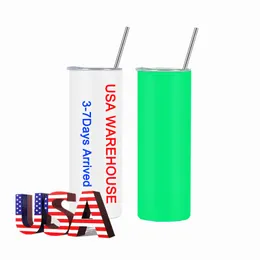 US Local warehouse 20oz Glow in dark Green Blue Red Sublimation Tumbler New Luminous blank white Straight Skinny Tumblers stainless steel insulated coffee cup