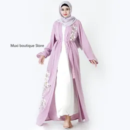 Ethnic Clothing Muxi Muslim Women's Linen Abaya Flower Embroidery Cardigan Abayas For Women Retro Long Sleeve Lace Dubai Turkey