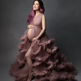 Luxuriöse Rüschen-Abschlussballkleider, Umstandskleider für Fotoshootings, gestufte Röcke, Kleid für schwangere Frauen, Frontschlitz, Party-Bademantel, Babyparty