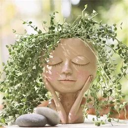 Girls Face Head Flower Planter Succulent Plant Container Pot pot Figure Garden Decor Nordic Tabletop Ornament H5 220527