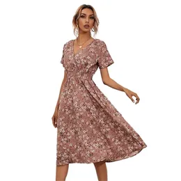 Gelb Vintage Floral Print Frauen Sommer Kleid Casual V-ausschnitt Kurzarm A-linie Chiffon Strand Midi Kleider Vestidos 220516