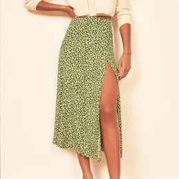 Mode Vintage Skirt Flower Polka Dot Print High Waist Stretch Split Long A-Line s för Women Beach Maxi 220317