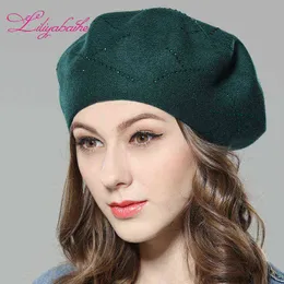 Liliyabaihe New Women Hat Wool knitted berets caps with Cross diamond decoration solid colors fashion lady hat J220722