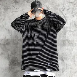 Men's T-Shirts Ripped Hole Cool Hip Hop Oversized Basic Sale Drop Ship Summer Striped Loose Long Sleeve Men T Shirt Korean Harajuku Streetwe