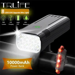 TRLIFE 10000MAH 8 LED LED Bike Light Waterfof USB Rechargeable LED Bicycle Light 7000 Lumens Flashlight and Headlamp As Power Bank 220721