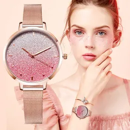 Kvinnor Quartz Pink Clock Luxury Brand Watch Enkel Rose Guld Rostfritt Stål Skelett Star Bracelet Klänning Klockor