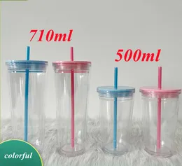 16oz 24oz clear plastic tumbler 5colors Flat Lid Acrylic Water Bottles with colorful Straw Double Walled Office Coffee Mugs Reusable Drinking Cups