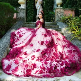 빈티지 오프 숄더 Tulle Quinceanera 드레스 볼 가운 생일 파티 드레스 레이스 업 졸업 가운 3D 꽃 vestidos de quincea