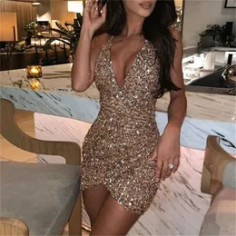 Sexiga Kvinnor Sequins Glitter Sparkle Deep V Neck Halter Baklösa Bodycon Short Mini Dress Evening Party Wrap Hip Paket Dress 220406