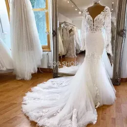 Vestidos de noiva de sereia de luxo v pescoço, apliques de renda completa sexy, vestidos de festas de noiva de ilusão, vestidos de festa de noiva de Nova 2022