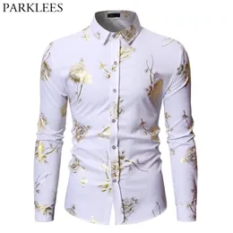 رجالي الذهب روز الأزهار طباعة قمصان العلامة التجارية steampunk قميص أبيض طويل الأكمام حفل زفاف برونز كاميسا الغمد 220401
