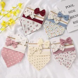 3Pcs/Set Cotton Baby Headband Saliva Towel Cute Bowknot Girls Hair Band Floral Print Triangle Bibs Newborn Hair Accessories