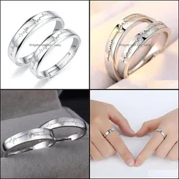 Couple Rings 2Pcs Love Heart Electrocardiogram Adjustable For Lover Valentineday Gift Sier Engagement Wedding Ring Set Drop Delivery Dhnlg