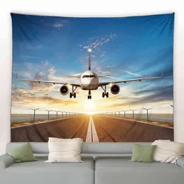 Wandteppich mit Flugzeugmotiv, bedruckt, Sonne, Sonnenuntergang, Landschaft, psychedelischer Wandbehang