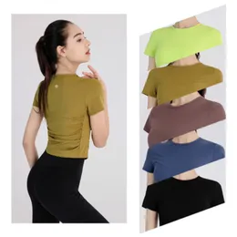 Lu Align novas roupas de yoga femininas de verão slim-fit T-shirt Esportes fitness fino casual gola redonda personalidade treinamento cintura mangas curtas