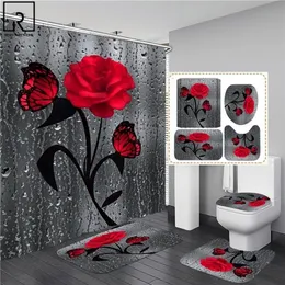 5 Farben Rosendruck 3D Duschvorhang Wasserdichter Polyester Badezimmervorhang Anti-Rutsch-Badematten-Set Toilettenvorleger Teppich Home Decor 220505