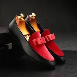 M-anxiu Men Formal Shoes Bowknot Wedding Dress Male Flats Gentlemen Casual Slip on Shoes Black Patent Leather Red Suede Loafers 220321