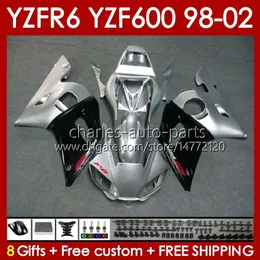 Kroppsram för Yamaha YZF-600 YZF R6 R 6 600cc YZFR6 1998 1999 00 01 02 BODYWORK 145NO.9 YZF 600 CC COWLING YZF-R6 98-02 YZF600 98 99 2000 2001 2002 FAIRING KIT SILVERY GLOSSY