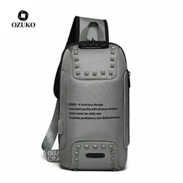 Wholesale ozuko brand leather shoulder bags outdoor sports fitness leisure chest bag lightweight wear-resistant rivet backpack anti-theft series men handbag