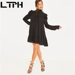 LTPH Special Sales Loose Elegant Kvinnor Klänning Puff Sleeve Turtleneck Ruffles A-Line Plus Storlek Chiffon Klänningar Vår 220317