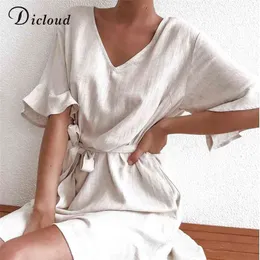 DICLOUD Casual Solid Cotton Linen Dresses Women Summer Short Sleeve V Neck Mini Party Dress Ladies A line Summer Outfit 210322