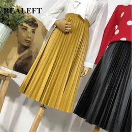 Releft New PU 가죽 주름 스커트 여성 가을 ​​겨울 패션 중간 길이 하이 허리 A- 라인 우산 여성 스커트 210331