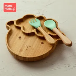 1Set Custom Baby Feeding Food Plates Bamboo Пластины Овцы водонепроницаемая силиконовая вилка Spoon BPA Бесплатная посуда детская посуда 220715