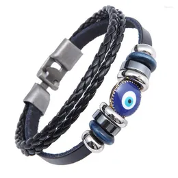 Bracelets porte-bonheur Design Punk oeil bleu turc pour hommes femme mode Bracelet en cuir noir Bracelet Vintage bijoux Fawn22