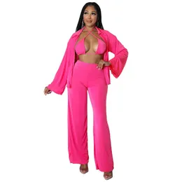 Women's Two Piece Pants Cutubly 3 Pieces Solid Casual Fashion Suit Women's Sets Loose Club Streetwear Lady Crop Tops And Set Wide Leg Pa