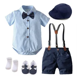 Summer Hat Boys Clothes with Shoes Baby Outfit Set Bow Tie Harajuku Bib Suit 7-pieces Party Birthday Dresses Blue White Striped 220326