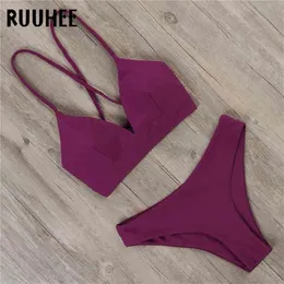 Ruuhee Women Swimsuit Purp Up Swimsuit Print Bikini 세트 수영복 Tye Die Bathing Suit Solid Bikini Swimwear Women 210407