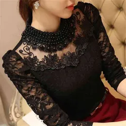 Women Sexy Lace Blouse Slim Plus size 3XL Lace Tops Long Sleeve Casual Shirt Beaded Openwork Feminine Tops 210401